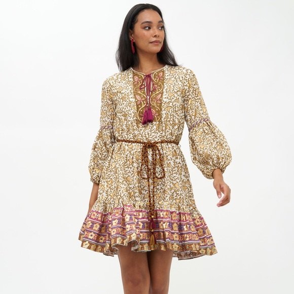 Oliphant Balloon Drop Mini MARCHESA OLIVE Dress Long Sleeve Tassle Gold